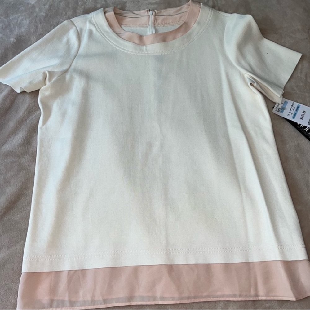 NWT $750 ST JOHN Wool Silk Blend Cream and Pink Short Sleeve Top 14